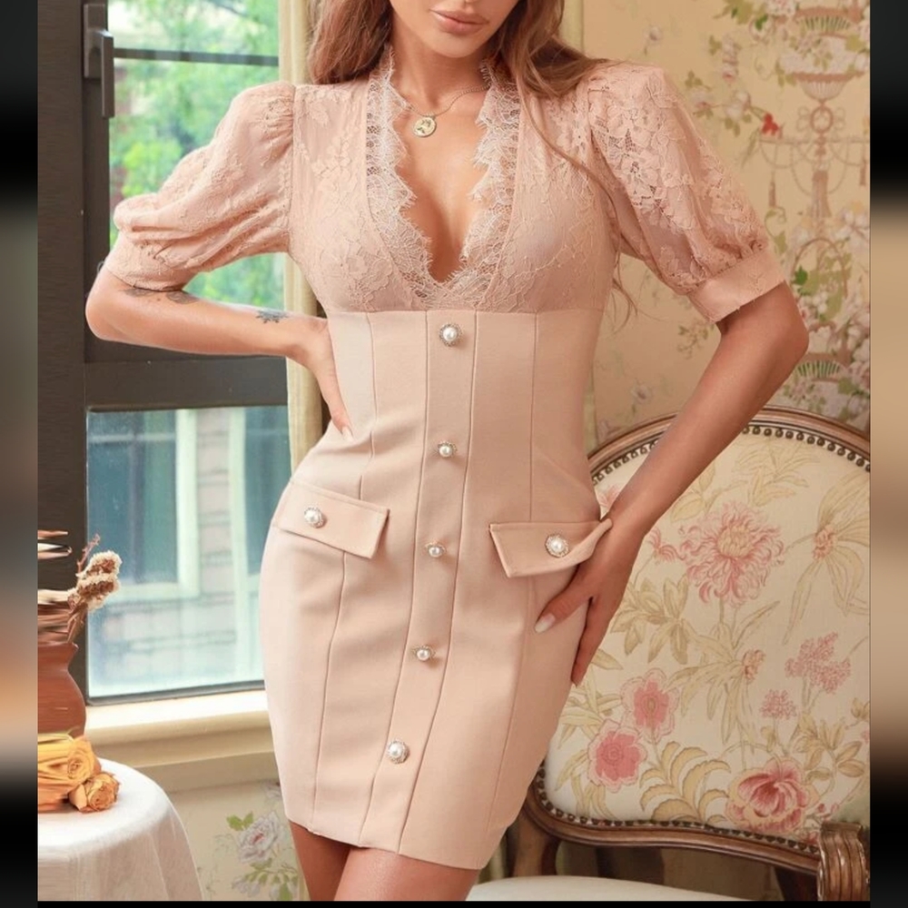 SheIn light tan nude Pink Contrast Lace Flap Detail Pearl Bodycon Dress 🌷🌸🩷